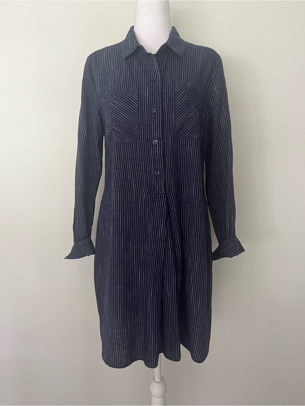 Old Navy Navy and White Striped Long-Sleeve Shirt Dress